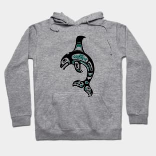 Teal Blue and Black Haida Spirit Killer Whale Hoodie